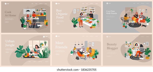 Set of beautiful girl in daily life scenes. Young woman shopping, makes up, sleeping, relaxes, takes bath, chooses clothes, playing with cat, working, watering flower. Flat cartoon vector illustration