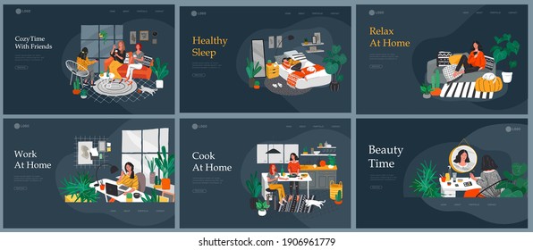 Set of beautiful girl in daily life scenes. Young woman shopping, makes up, sleeping, relaxes, takes bath, chooses clothes, playing with cat, working, watering flower. Flat cartoon vector illustration