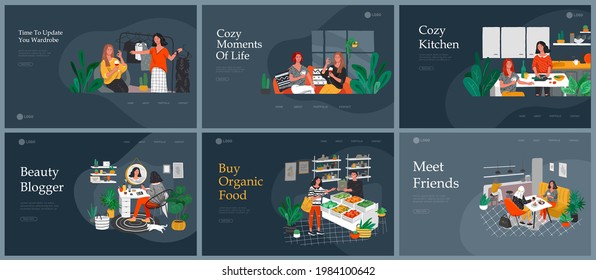 Set of beautiful girl in daily life scenes. Young woman shopping, makes up, sleeping, relaxes, takes bath, chooses clothes, playing with cat, working, watering flower. Flat cartoon vector