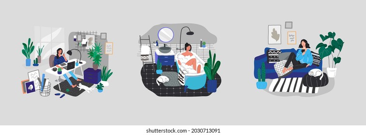 Set of beautiful girl in daily life scenes. Young woman shopping, makes up, sleeping, relaxes, takes bath, chooses clothes, playing with cat, working, watering flower. Flat cartoon vector