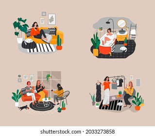 Set of beautiful girl in daily life scenes. Young woman shopping, makes up, sleeping, relaxes, takes bath, chooses clothes, playing with cat, working, watering flower. Flat cartoon vector