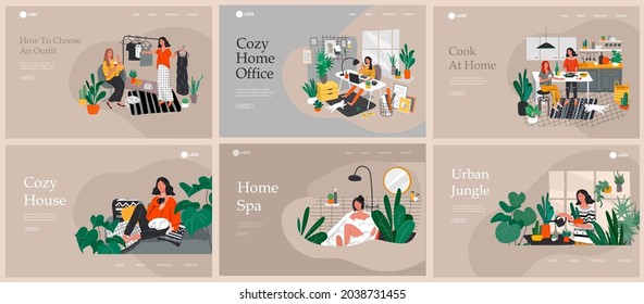 Set of beautiful girl in daily life scenes. Young woman shopping, makes up, sleeping, relaxes, takes bath, chooses clothes, playing with cat, working, watering flower. Flat cartoon vector