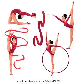 Set of beautiful girl doing rhythmic gymnastics with ribbon, ball, hoop, cartoon vector illustration isolated on white background. Beautiful rhythmic gymnast exercising with ribbon, ball, hoop