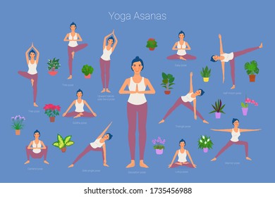 Set of beautiful girl doing yoga and meditation. isolated on blue background