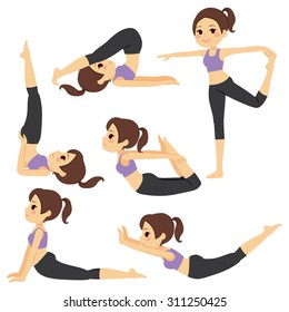 Set with beautiful girl exercising various different yoga poses training