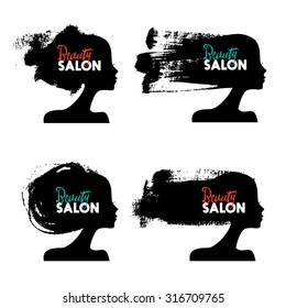 Set of beautiful girl silhouettes. Logo collection of women beauty salon. Splash paint design. Vector illustration