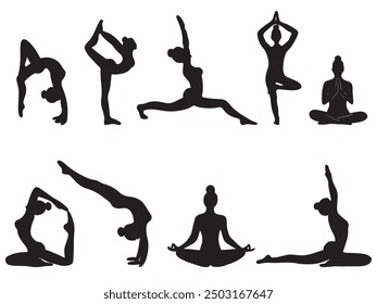 Set of beautiful girl woman training standing and sitting in different yoga poses in black on white background. Silhouette vector sketch illustration in doodle icon vintage style. Sport, meditation