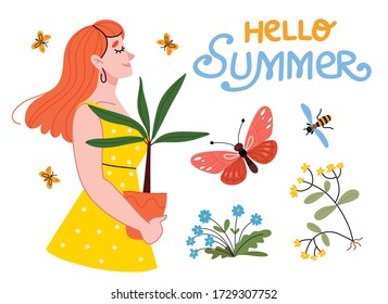 Set A beautiful girl in a yellow dress stands in profile and holds a flowerpot in her hands. Dress with polka dots. Summer mood.Design for banner, posters, cards etc. Vector illustration.Lettering.