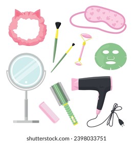 Set of beautiful girls' accessories in cartoon style. Vector illustration of various girly self-care devices: face mask, sleeping mask, makeup brushes, facial roller massager, mirror, hair brushes