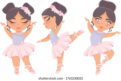 Set of beautiful girls ballerinas. Ballet leotards, tutus, pointe shoes, flowers. Little dancers. Children's vector illustration.