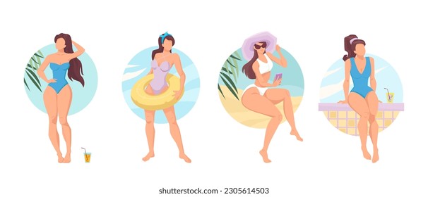 Set of beautiful girls in bikini relaxing on the beach. Young women sunbathe with an inflatable ring, with a cocktail glass in hand and phone, sit near the pool. Summer travel and leisure on water