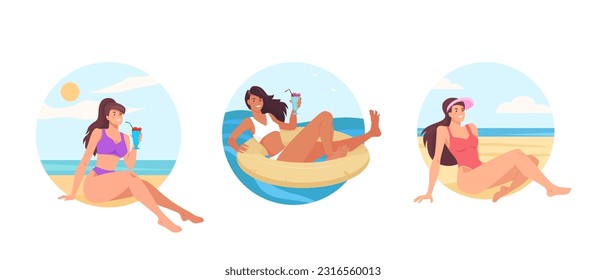 Set of beautiful girls in bikini relaxing and sunbathe on the beach. Young women floating on rubber ring with a cocktail glass in hand and sit near the sea. Summer travel and leisure on water