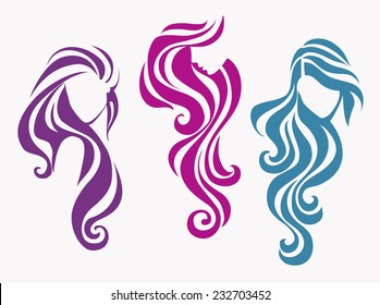 Set of beautiful girls with long wavy hair. Vector female icon for beauty salon. Hair silhouette isolated on white