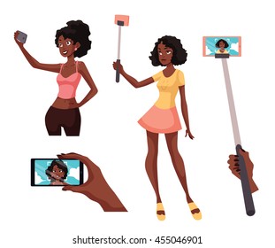 Set Of Beautiful Girls Taking Selfie With A Smartphone, Cartoon Style Vector Illustration Isolated On White Background. Young Black African Women Holding Phone For Taking Selfie And Portrait On Screen