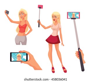 Set of beautiful girls taking selfie with a smartphone, cartoon style vector illustration isolated on white background. Blond caucasian women holding phone for taking selfie and portrait on screen