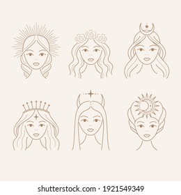 Set of beautiful goddess outline. Vector illustration