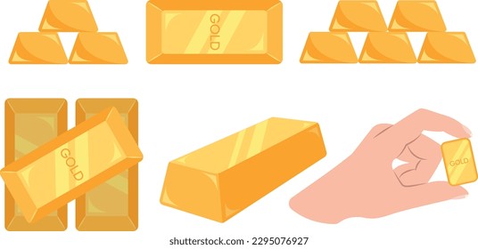 Set of beautiful gold bars in cartoon style. Vector illustration of various gold bars and stacks, a hand holding gold isolated on a white background. Wealth, banking business concept.