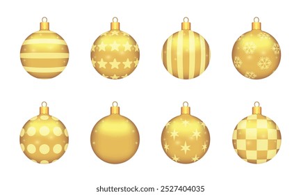 Conjunto de lindas bolas de Natal de ouro com estrela, círculo, listras, floco de neve e padrões quadrados no fundo branco. Decorações para árvore de Ano Novo e design de Natal. Ilustração de vetor