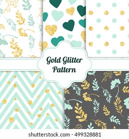 Set of beautiful golden glitter seamless patterns for different festive designs. Vector illustration