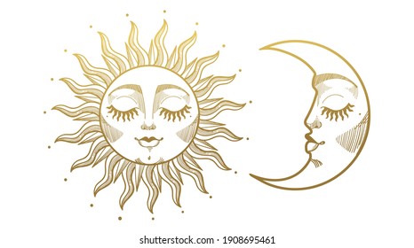 Set of beautiful golden mystical elements in boho style, sun and crescent moon with face. Design elements, tattoos, stickers. Linear vector illustration isolated on white background. - Shutterstock ID 1908695461