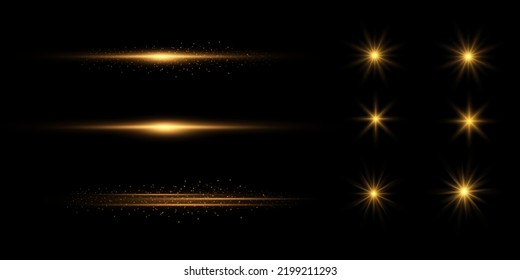 Set of beautiful golden rays of light, reflection of glare, explosions, line, sun flare on a black background. Vector illustration
