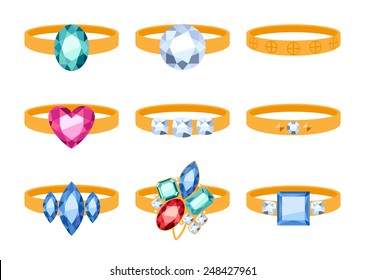 Set of beautiful golden rings with gemstones. Cartoon style. Jewelry collection.