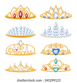 Set of beautiful golden tiaras with gemstones. Cartoon style. Jewelry collection.