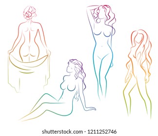 Set of beautiful gradient color line female figures. Collection of young outline girls logo.