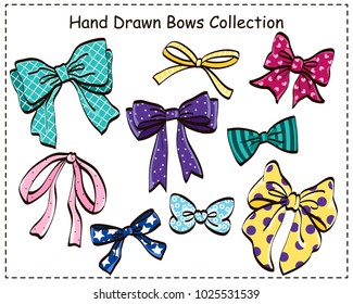 Set of beautiful graphic bows. Hand drawn bows collection. Vector illustration.