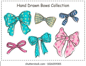 Set of beautiful graphic bows. Hand drawn bows collection. Vector illustration.