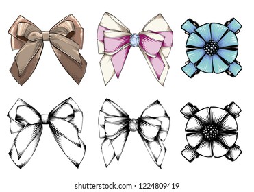 Set of beautiful graphic bows. Hand drawn bows collection. Colored vector set. Isolated