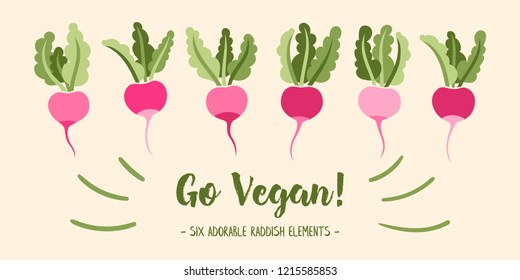 Set of beautiful graphic raddish illustrations. Trendy flat style elements. Great for surface pattern design, apparel, packaging, editorial, healthy vegetarian & vegan lifestyle concept etc.