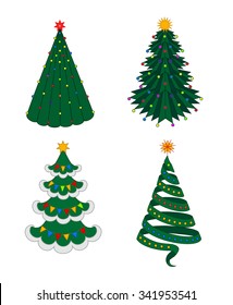 Set of beautiful green Christmas trees with stars on top and decorated with colorful garlands of lights and flags on the white background