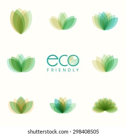 Set of beautiful green leaves on shiny background for Eco Friendly concept.