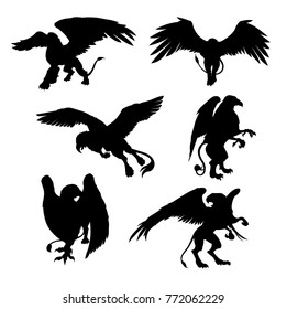 Set of beautiful gryphon icon in black color. Vector illustration in flat style isolated on a light background useful for logo, sign, emblem or symbol graphic design. Mythical creatures collection.