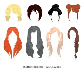 Set of beautiful hairstyles in cartoon style. Vector illustration of various female hairstyles with short and long hair: straight hair, wavy, with buns, pigtails, tails isolated on a white background.