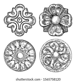 Set of beautiful hand drawn baroque elements or vintage flower patch for scarf, print or fabric design. Decorative marble stone architecture element. Circular floral style. Vector.