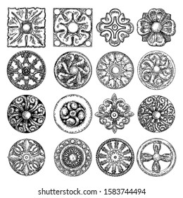 Set of beautiful hand drawn baroque elements or vintage flower patch for scarf, print or fabric design. Decorative marble stone architecture element. Circular floral style. Vector.