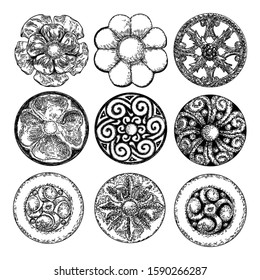 Set of beautiful hand drawn baroque elements or vintage flower patch for scarf, print or fabric design. Decorative marble stone architecture element. Circular floral style. Vector.