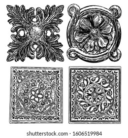 Set of beautiful hand drawn baroque elements or vintage patch for scarf, print or fabric design. Decorative marble stone architecture element. Floral style. Vector.
