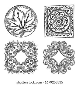 Set von schönen handgezeichneten barocken Elementen oder Vintage-Pflaster für Schal-, Druck- oder Stoffdesign. Dekoratives Marmor Architektur Element.Floral Stil. Vektorillustration.