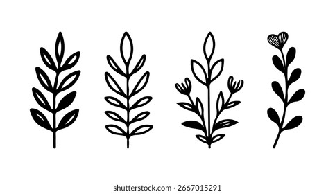Conjunto de hermosas hojas de Vector negro dibujadas a mano y ramas florales para la decoración.