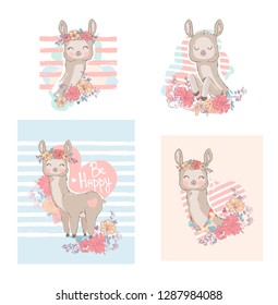 Set of beautiful Hand drawn cute llama and flowers. beautiful children's print and poster. Vector illustration.