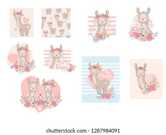 Set of beautiful Hand drawn cute llama and flowers. beautiful children's print and poster. Vector illustration.