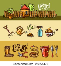 set of beautiful hand drawn doodle banners garden for your design
