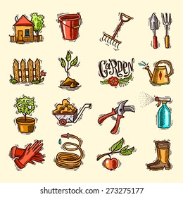 set of beautiful hand drawn doodle icons garden for your design