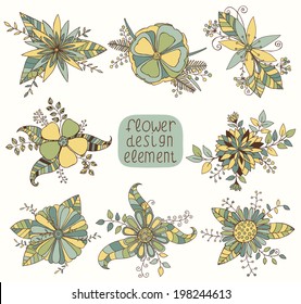 Set with beautiful hand drawn flowers. Vintage floral elements in vector for your design. Eps 10