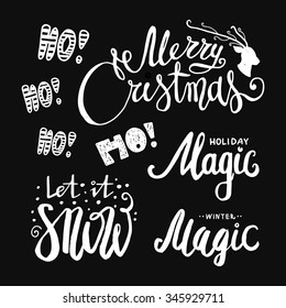 Set of beautiful hand drawn lettering brush with Christmas greetings. Original chalk writing on the blackboard. Congratulation on Christmas and New Year.