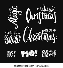 Set of beautiful hand drawn lettering brush with Christmas greetings. Original chalk writing on the blackboard. Congratulation on Christmas and New Year.