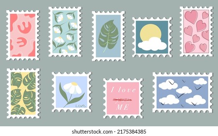 Set of beautiful hand drawn postage stamps. Variety of modern vector isolated postage stamps. Floral postage stamps. Abstract postage stamps.